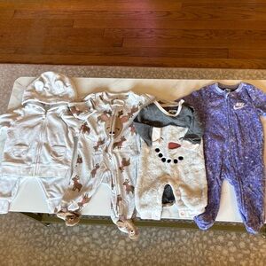 Cozy Neutral & Purple Baby Footed Sleepers - Snowman & Animal Prints